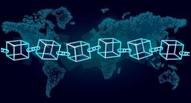 A visual representation of a global supply chain, highlighting the use of blockchain technology for secure and transparent tracking of goods. The image should showcase various stages of the supply chain, from manufacturing to shipping and delivery, with digital interfaces and data visualizations.