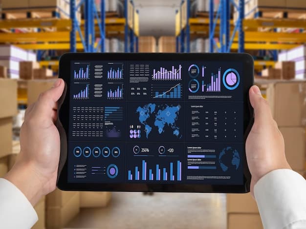 A digital dashboard displaying real-time supply chain data, with charts, graphs, and maps showing inventory levels, delivery routes, and potential disruptions. The dashboard should look modern and sophisticated, conveying the power of technology in managing complex supply chains.