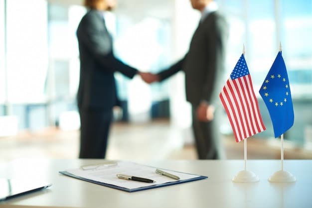 A businessman signing a contract with an international partner, with both shaking hands over a table covered in legal documents and flags of various countries.