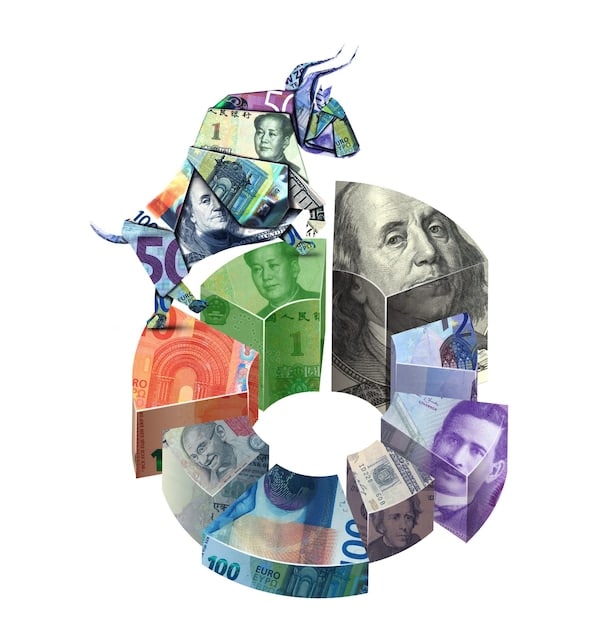 A collage showing various world currencies (US Dollar, Euro, Yen, British Pound, etc.) overlaid on a digital interface displaying e-commerce data analytics, such as sales growth charts and customer demographics. The image conveys the financial aspects and data-driven decision-making involved in global e-commerce expansion.