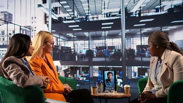 A diverse group of business professionals collaborating in a modern office setting, discussing global market strategies and analyzing data on a large screen. The image conveys teamwork and strategic planning.