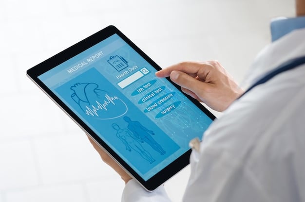 A doctor using an AI-powered diagnostic tool on a tablet, featuring visualizations of medical data and analysis, highlighting the use of technology in improving diagnostics in US healthcare.