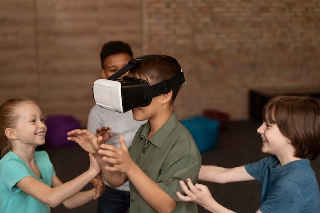 A group of students wearing VR headsets in a classroom setting, interacting with a virtual historical environment. The students are actively engaged, pointing and gesturing at the virtual elements, demonstrating immersive learning.