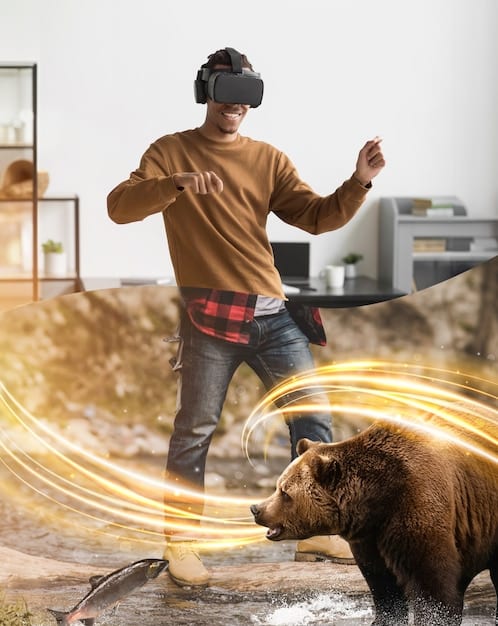 A person wearing a VR headset, deeply immersed in a virtual environment that simulates a realistic training scenario for surgery. The image showcases the practical application of metaverse technologies in professional training.