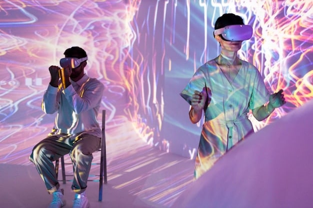 A screenshot from a metaverse gaming platform, showing a group of diverse avatars participating in a virtual concert. The scene captures the energy and excitement of virtual entertainment experiences.