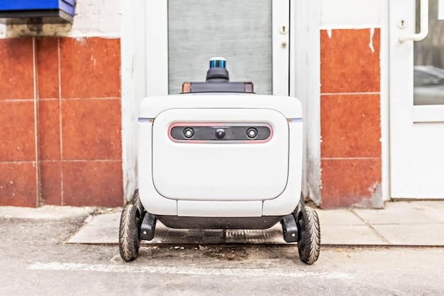 A close-up of a Nuro autonomous delivery vehicle navigating a suburban street, showcasing its compact design and advanced sensor suite.