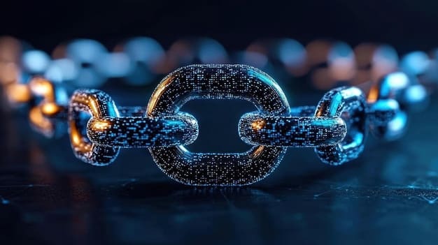 A close-up of a blockchain block, symbolizing data security and integrity. The block is surrounded by glowing lines, representing the secure connections within the supply chain network.