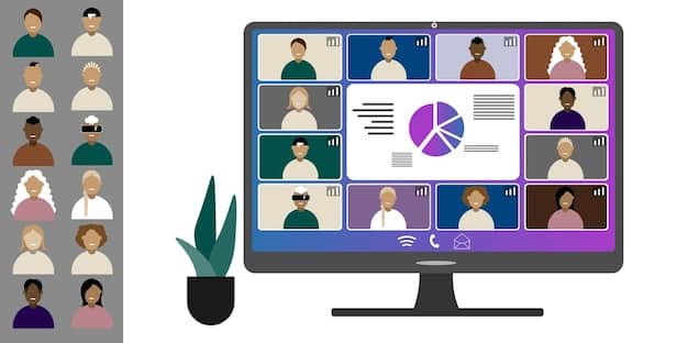 A user interface of a video conferencing tool, featuring multiple participants in a meeting. The tool includes features like screen sharing, live chat, and virtual hand-raising, indicating an interactive and engaging meeting experience.