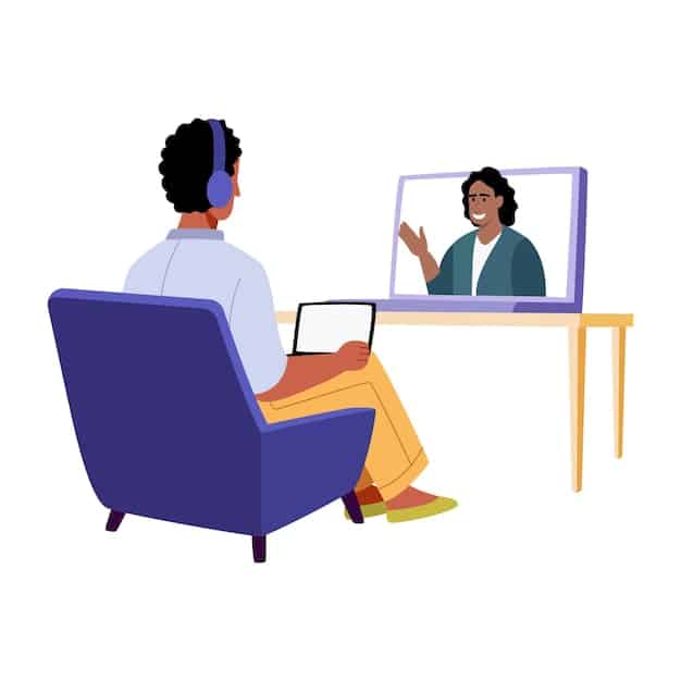 A person sitting comfortably on a couch, participating in a telehealth session with a mental health professional displayed on a laptop screen. The background is a cozy, well-lit living room, conveying a sense of comfort and accessibility.  Focus on the facial expressions showing positive and engaged communication between the two people.