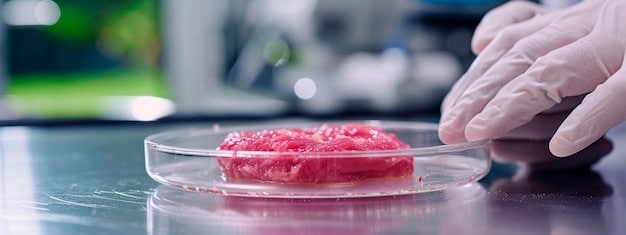 A close-up, detailed shot of a laboratory setting where scientists are cultivating plant-based meat. The focus is on a petri dish containing cultured cells, with lab equipment and researchers in the blurred background. The lighting is bright and sterile, emphasizing the scientific nature of the process.