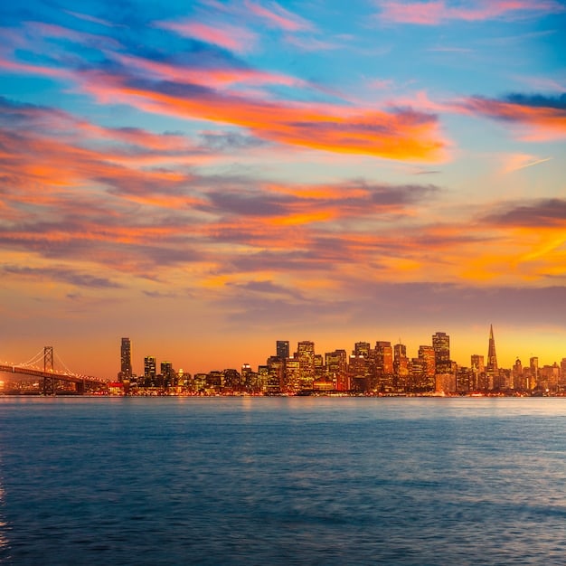 A panoramic view of the San Francisco skyline at sunset, capturing the vibrant and dynamic atmosphere of Silicon Valley. The image showcases the iconic landmarks of the city, symbolizing innovation and technological advancement.