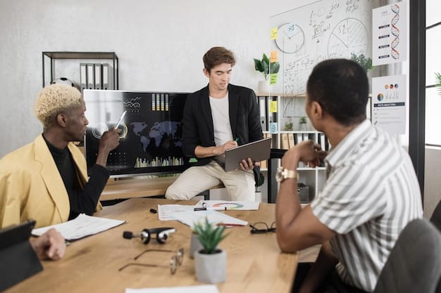 A diverse team collaborating in a modern office environment, brainstorming ideas and analyzing data on large displays, representing InnovateMR's collaborative and innovative culture.