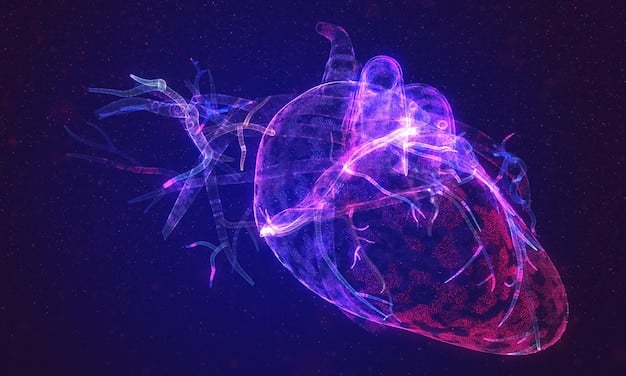 A futuristic image showing a holographic representation of a human heart with various data points and medical analytics overlaid on it, symbolizing the use of AI in healthcare.