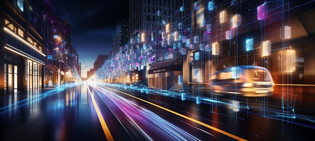 A futuristic cityscape showcasing various applications of IoT, such as smart traffic management, automated delivery systems, and energy-efficient buildings. The image highlights how IoT devices are interconnected to create a seamless and efficient urban environment.