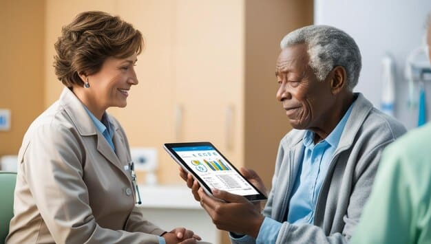 A doctor using a tablet to review patient data with a senior patient during a telemedicine appointment, showcasing the use of technology to enhance patient care and accessibility.