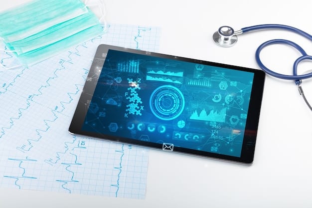 A graphic depicting a doctor using AI-powered diagnostic tools on a tablet, with overlapping data visualizations showing the analysis of medical scans and patient information. The overall feel is modern and high-tech.