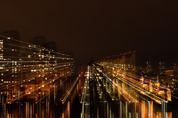 A futuristic cityscape with glowing lines representing blockchain connections. Buildings are interconnected with digital streams, symbolizing secure and transparent transactions across a financial network.