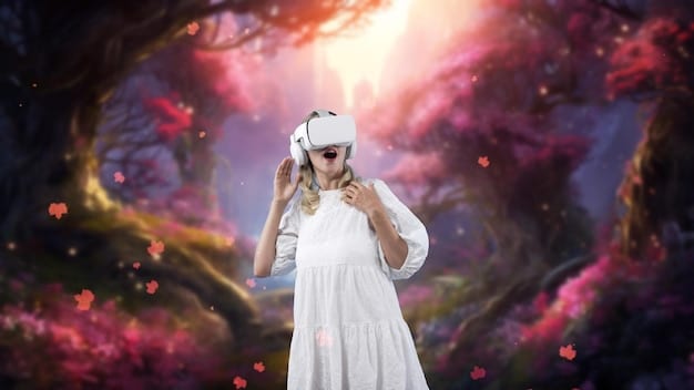A person wearing a VR headset interacting with a vibrant, immersive virtual world. This scene illustrates the experience of being in the metaverse and highlights its potential applications for entertainment, education, and collaboration.