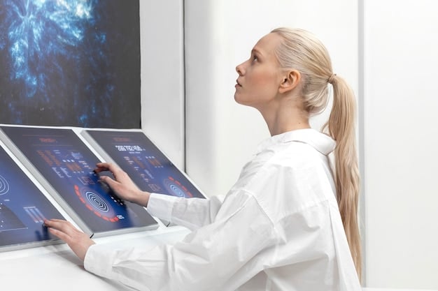 A doctor interacting with an AI-powered diagnostic interface, displaying intricate medical scans and data visualizations. The interface should highlight the AI's analysis and potential diagnoses, demonstrating the synergy between human expertise and artificial intelligence in healthcare.