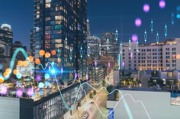 A futuristic smart city at dusk, with interconnected IoT devices visible throughout the skyline. This includes smart traffic lights, automated public transportation, and buildings with integrated sensor networks, all contributing to efficient resource management and enhanced quality of life.