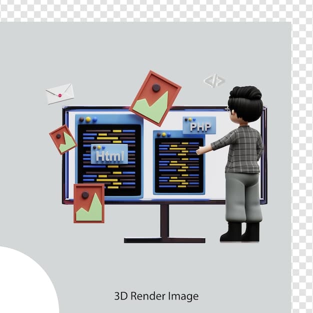 A developer working on a  application, coding on a computer with multiple monitors showing 3D models and user interface elements.