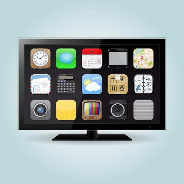 An illustrative graphic highlighting the Apple TV App Store interface, showing a variety of app icons for streaming services, games, and productivity tools. The graphic depicts a hand interacting with the Apple TV interface using the Siri remote, emphasizing the ease of navigation and app selection.