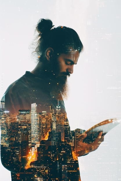 A person wearing augmented reality glasses, looking at a cityscape where digital information is overlaid onto real-world buildings. The AR interface shows data points, navigation routes, and interactive elements seamlessly integrated into the environment.
