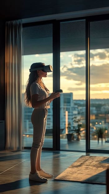 A person wearing AR glasses, interacting with a holographic projection of a smartphone. The background shows a modern living room, blending the digital and physical worlds.