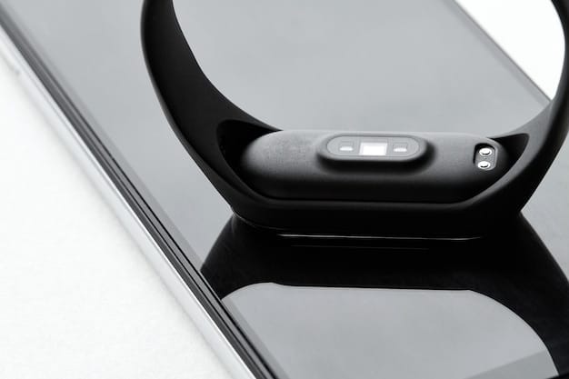 A detailed close-up shot of a high-tech smartwatch, showcasing its advanced features and sleek design. The smartwatch is displaying a vibrant interface filled with health tracking metrics and notifications. Background with a blurred futuristic desk setup with multiple screens and gadgets.