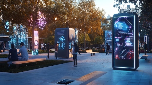 A street scene in a smart city, showcasing autonomous vehicles, connected streetlights, and digital signage displaying real-time information. The scene should depict a futuristic and technologically advanced environment.