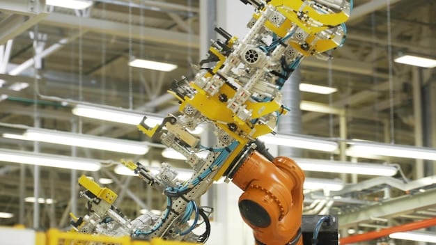A scene inside a highly automated factory where robots are assembling car parts on a production line, emphasizing speed and precision.