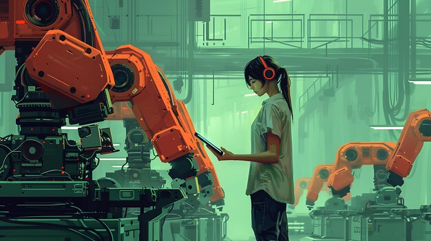 A digital illustration showing AI-powered robots working seamlessly alongside human employees in a modern manufacturing plant, highlighting the collaboration between AI and human labor.