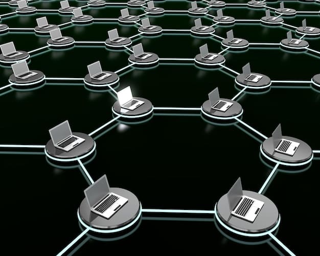 A schematic diagram of a blockchain network within a governmental setting, highlighting various uses such as secure data storage, supply chain tracking, and identity verification through interconnected nodes. The image emphasizes the security and transparency aspects of the technology.
