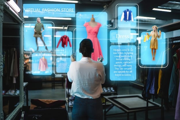 A shopper using an AR-enabled mirror in a clothing store to virtually try on different outfits, illustrating how AR can improve the buying decision and boost sales in the fashion retail sector.