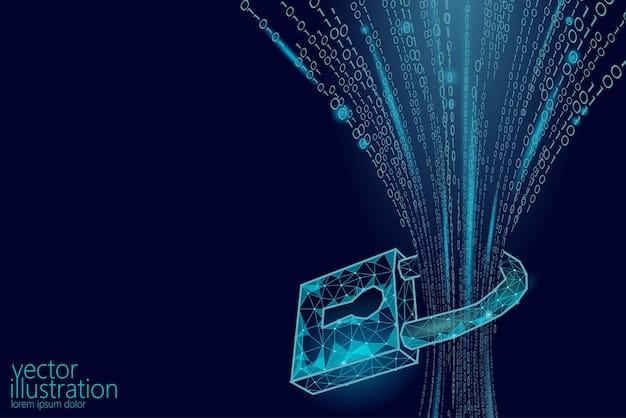 An abstract graphic depicting a digital lock protecting a stream of data flowing across a network, illustrating the importance of data security and privacy in AI systems.