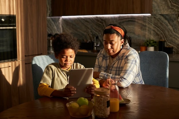 A family in a rural American home using a tablet at their kitchen table, connected to satellite internet. The satellite dish is visible outside the window. The scene is warm and inviting, highlighting the benefits of connectivity for everyday life.