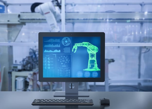 A robotic arm in a US lab, connected to a computer screen displaying complex AI algorithms. The image emphasizes the role of AI and machine learning in enhancing the capabilities and intelligence of robots.