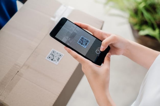 A close-up shot of a hand scanning a QR code on a shipping container, symbolizing the increasing reliance on digital technologies for tracking and compliance in international trade. The background is blurred, focusing on the hand and the QR code.