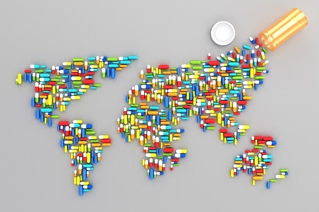 A world map with various pins highlighting different regions, representing market diversification. Icons of different industries are scattered across the map. Warm, inviting colors.