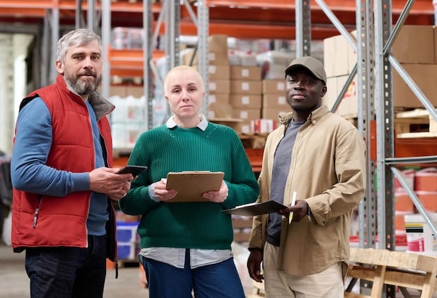 A diverse group of supply chain professionals working collaboratively in a modern, technology-driven logistics hub, demonstrating teamwork, data analysis, and efficient movement of goods.