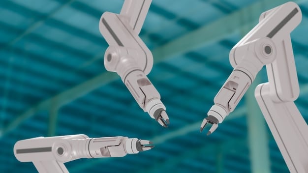 A close-up view of a robotic arm performing intricate assembly on a microchip within a cleanroom environment, highlighting precision manufacturing and automation.