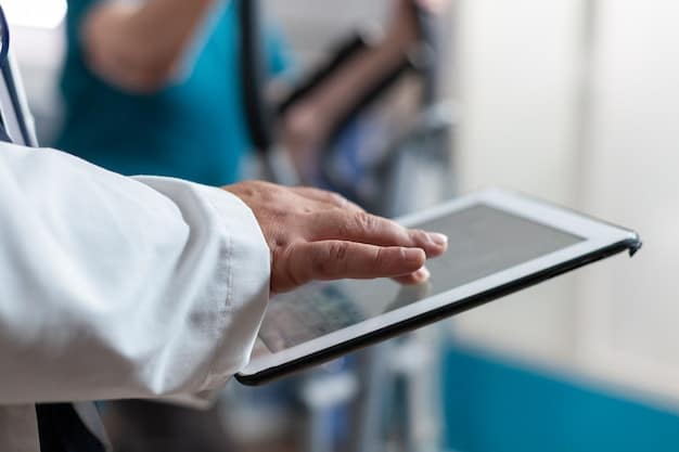 A doctor reviewing patient data on a tablet, with various digital interfaces connecting in the background, illustrating seamless data flow for improved patient interaction in a healthcare setting.