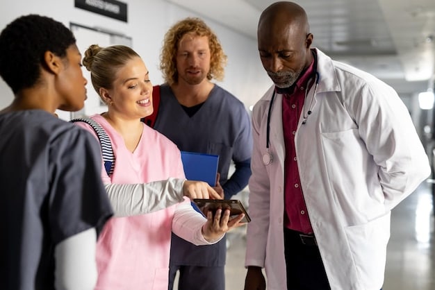 A diverse group of healthcare professionals collaborating around a digital dashboard displaying patient data, symbolizing improved teamwork and data-driven decisions via interoperability.