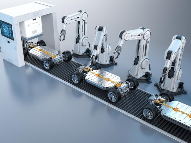 A highly automated assembly line with robotic arms precisely installing battery packs into electric vehicle chassis, showcasing efficiency and advanced technology in a modern factory setting.