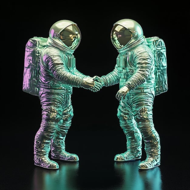 A handshake between two individuals wearing partial space suits on a planetary surface with a research outpost in the background, symbolizing successful international collaboration and partnership in space exploration.