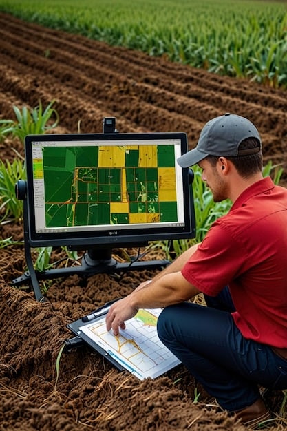 A detailed map of a farm field showing different zones for irrigation and fertilization based on soil data, displayed on a computer screen.