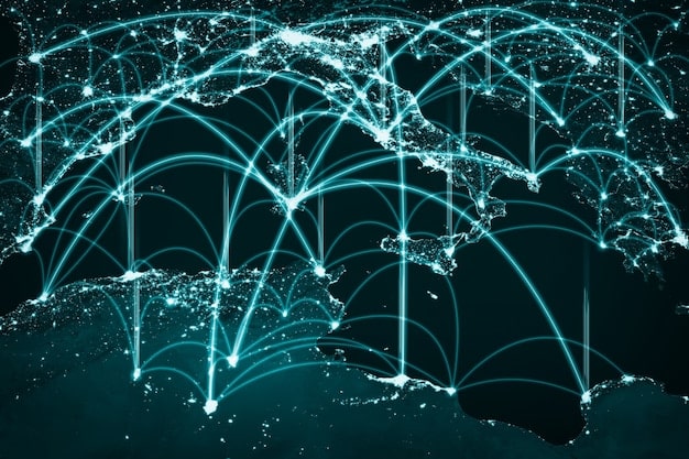 An AI algorithm visualized as a network of interconnected nodes and lines, processing vast amounts of text data from patent documents, symbolizing advanced data analysis.