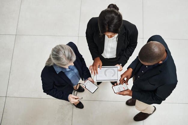 A diverse group of people, including a CEO, an attorney, and a tech developer, collaborating around a tablet displaying patent documents, emphasizing the human element in augmented AI legal processes.