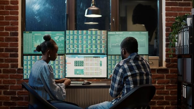 A diverse team of cybersecurity experts intensely analyzing data on multiple screens, showing charts and graphs related to threat detection and mitigation.