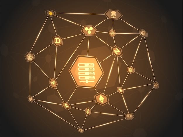 A visual representation of a distributed ledger technology (DLT) network with interconnected nodes, illustrating secure data exchange and decentralized control.